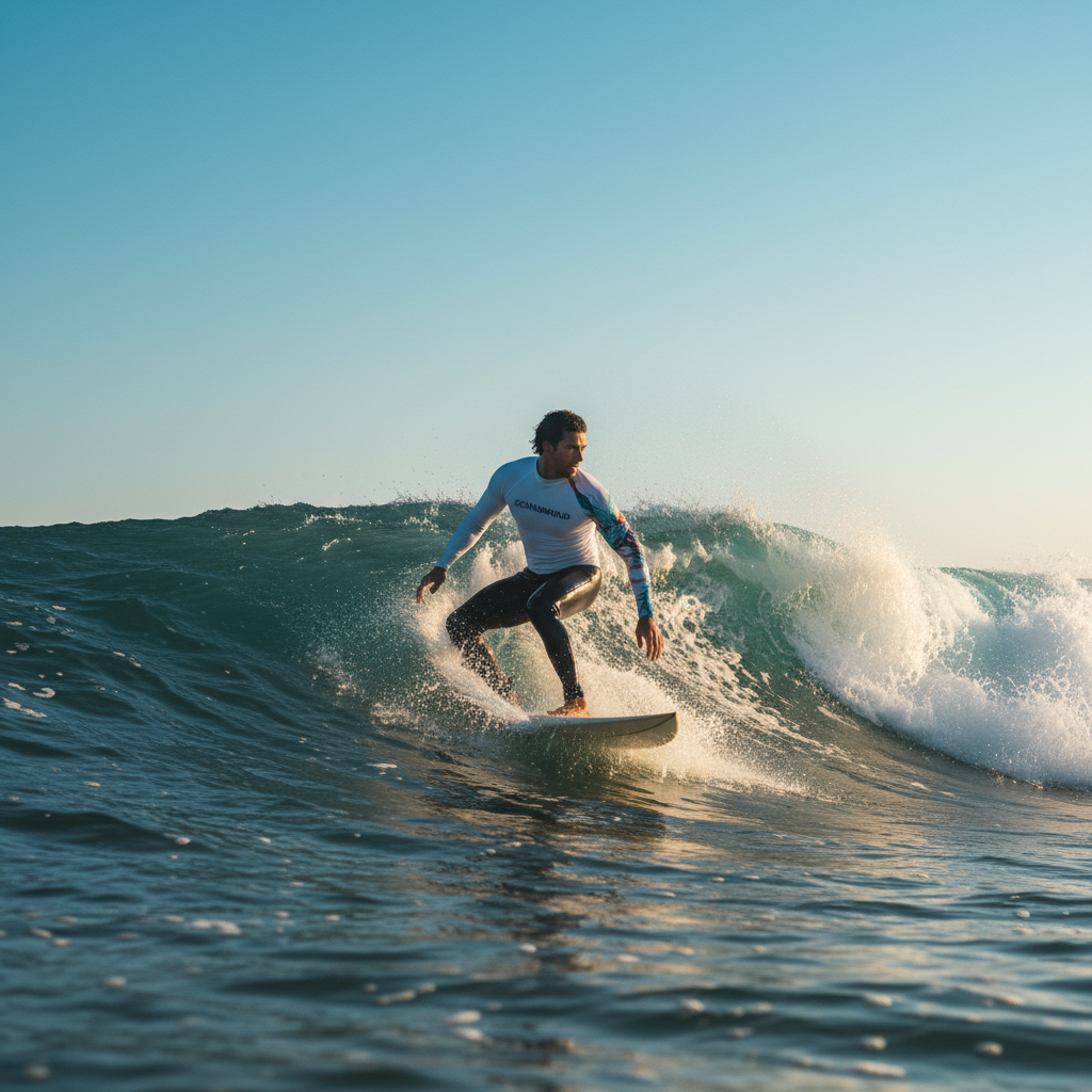 Diverse male model wearing a deep navy and ocean green "OCEANSHROUD" Performance Surf Suit while actively surfing a wave. The