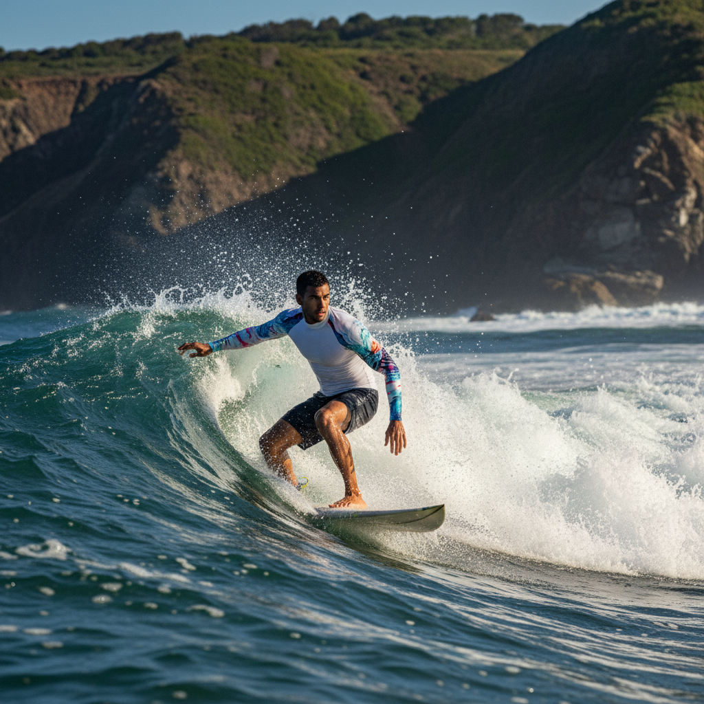Diverse man wearing a navy OCEANSHROUD Performance Surf Suit, actively surfing a wave with sun-drenched saltwater spray.