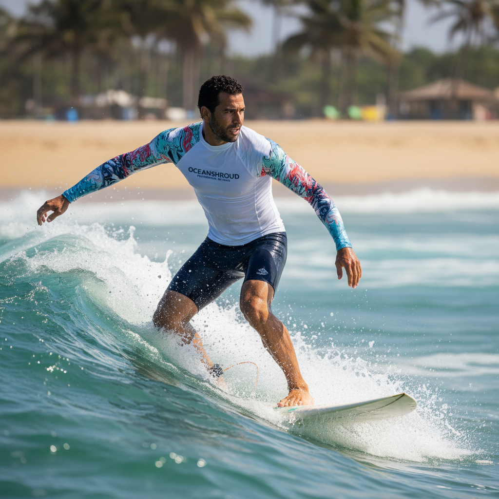 A diverse man actively surfing in the OCEANSHROUD Performance Surf Suit on a sunny beach, showcasing the suit's performance a