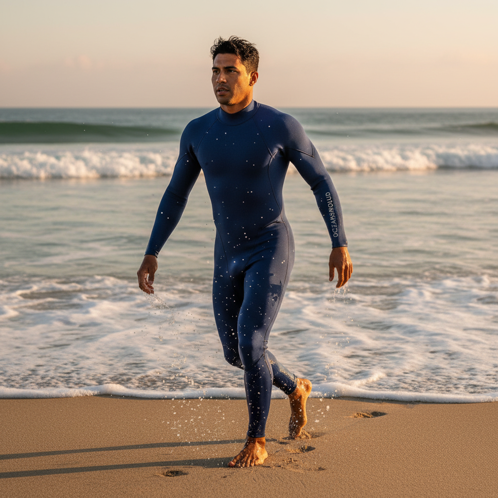 A diverse male surfer in a navy OCEANSHROUD Performance Surf Suit emerges from the ocean onto a sandy beach at sunset.