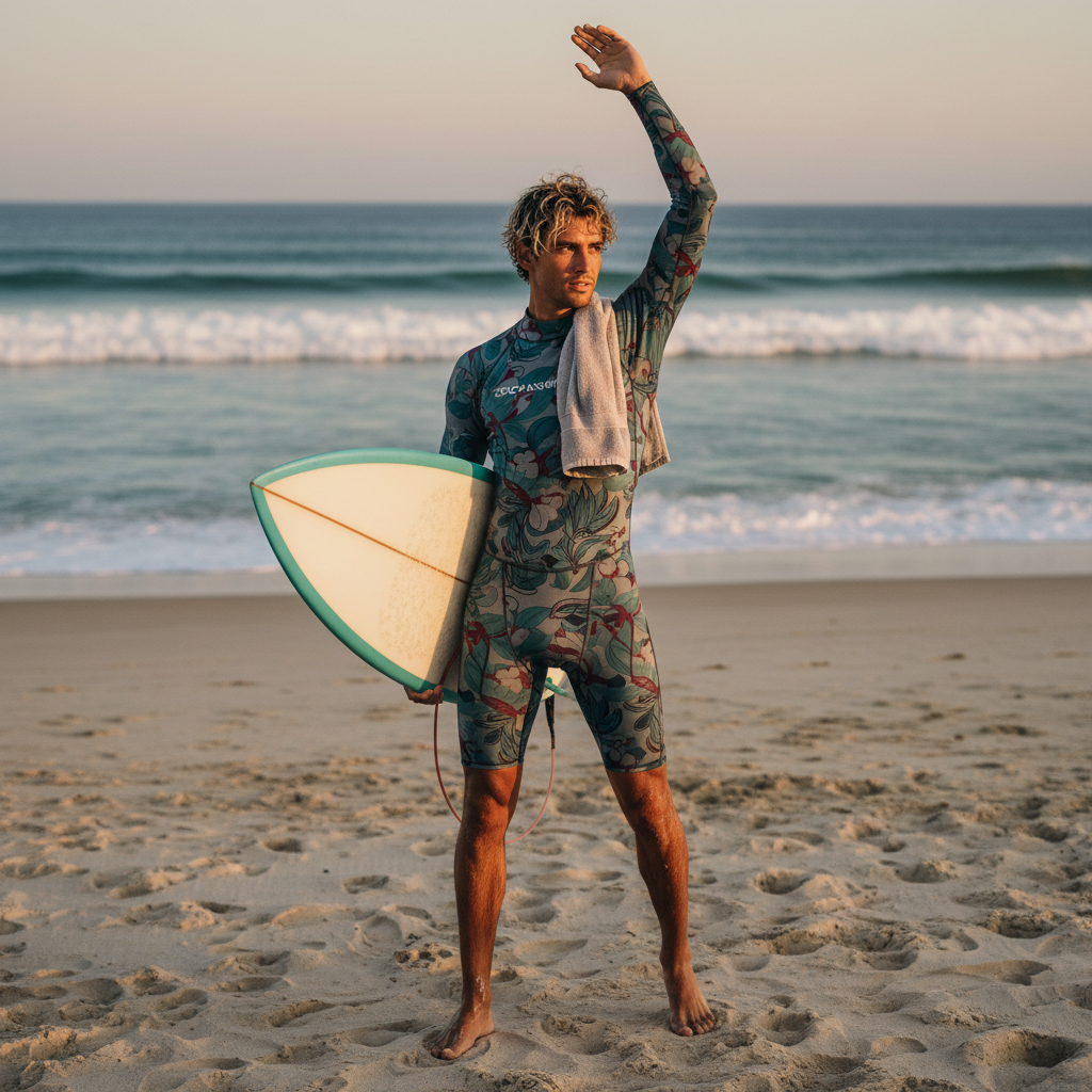 A diverse male surfer in an OCEANSHROUD Performance Surf Suit, moving between ocean activity and outdoor training, captured i