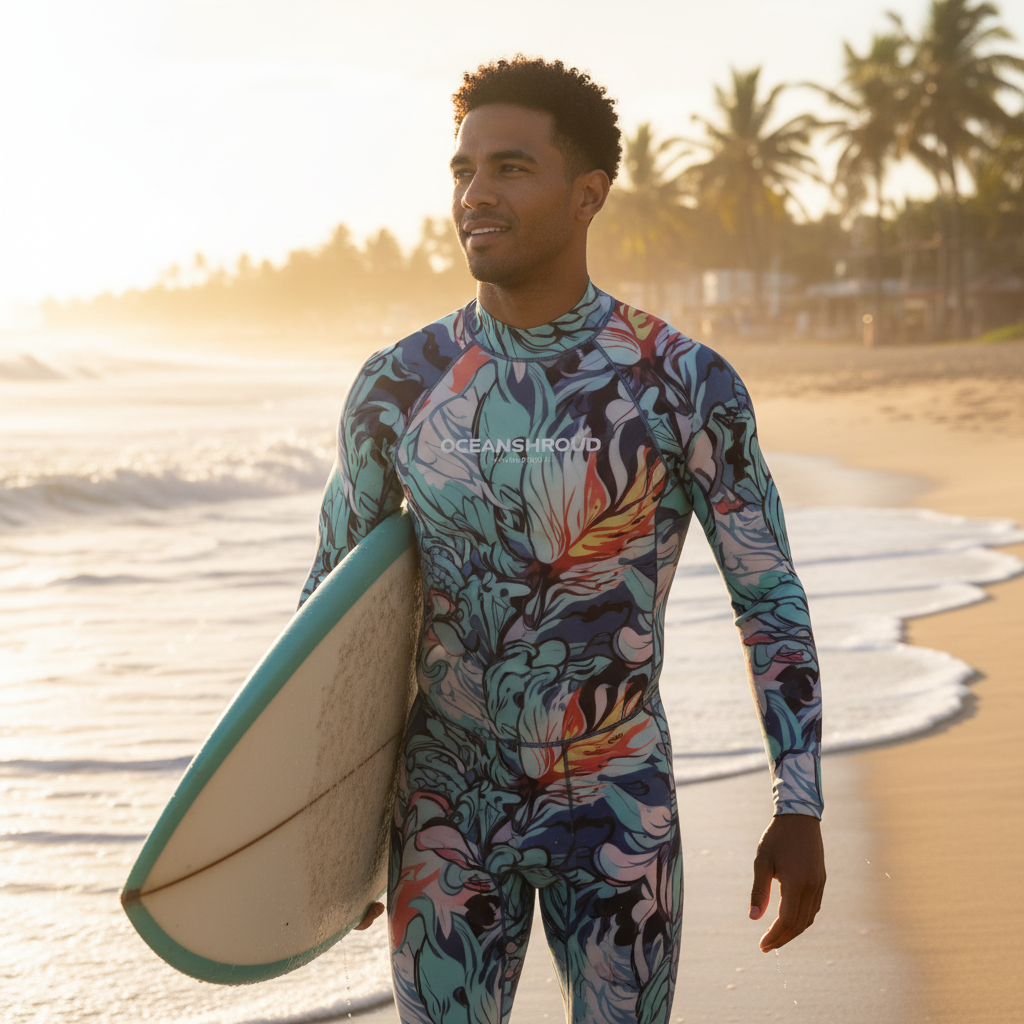 Male model wearing a navy OCEANSHROUD Performance Surf Suit, actively surfing in clear ocean water under a sunny sky.