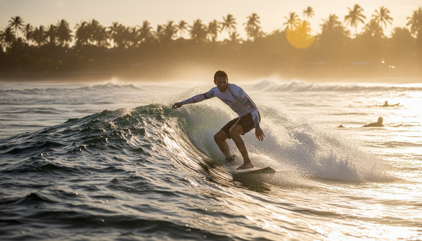 Male model wearing a performance surf suit, actively surfing on a surfboard in a sun-drenched ocean, with a clean coastal aes