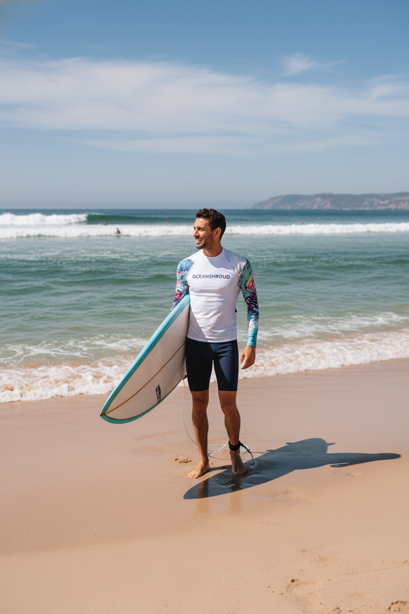 Male model in an OCEANSHROUD Performance Surf Suit stands on a sandy beach at the water's edge.